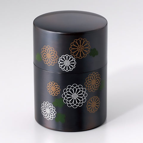 Japanese tea leaf canister made of copper with a chrysanthemum flower pattern