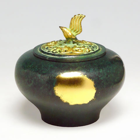Copper incense burner with small birds, green and bronze color